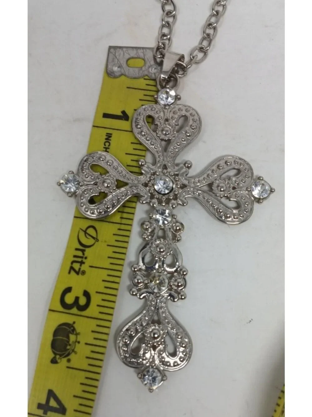 SilverTone Filigree Cross W/ Hearts Necklace Clear Rhinestones Statement 32" #J1 - Picture 3 of 6